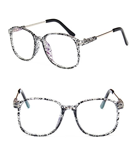 Chezi Lightweight Transparent Plastic Frame Metal Arm Square Eyeglasses (black floral, clear)