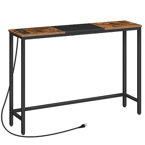 HOOBRO Narrow Console Table with Charging Station, Skinny Entryway Table for Living Room, Slim Console Table Behind Couch, Sofa Table for Hallway, Foyer, Rustic Brown and Black EBF114KXG01