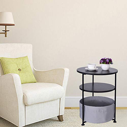 Hisoul Double/Three Layer Round Wood Side Table with Fabric Storage Basket, Multi-Purpose Small Simple Coffee Table for Home and Office (â™¥ Black, L-Size:16.14Ã—20.87Ã—16.14 Inch)