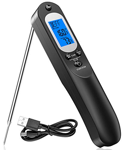 Comsoon Digital Meat Thermometer & Kitchen Timer, Instant Read Food Candy Thermometer for Grill Oven Smoker BBQ, Rechargeable Cooking Thermometer with USB Cable, Bright LCD Display & Flashlight
