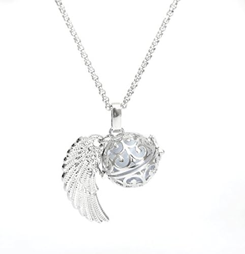 Feather Wing Cool Mexican Bola Harmony Musical Ball Angel Caller Pregnancy Chime Locket Pendant Necklace Gifts Presents 30" ( White Ball )