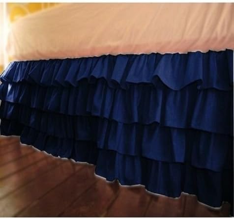 3Pc Multi Ruffle Bed Skirt Queen Size 16'' Drop Fall Length Navy Blue Solid 900TC 100%Egyptian Cotton