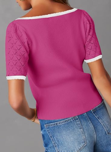 DOKOTOO WOMENS TOPS SPRING SUMMER 2024 FASHION PUFF SHORT SLEEVE SWEATER TOP CASUAL SQUARE NECK LOOSE FIT LIGHTWEIGHT PLUS SIZE PULLOVER T SHIRTS DRESSY KNIT BLOUSES TUNIC TOPS PINK MEDIUM