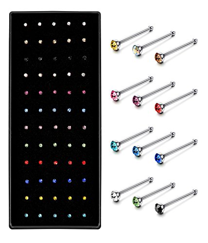 Besteel 60pcs Stainless Steel 1.8mm Crystals Piercing Jewelry Nose Studs Rings Pins Mix Color Box Set