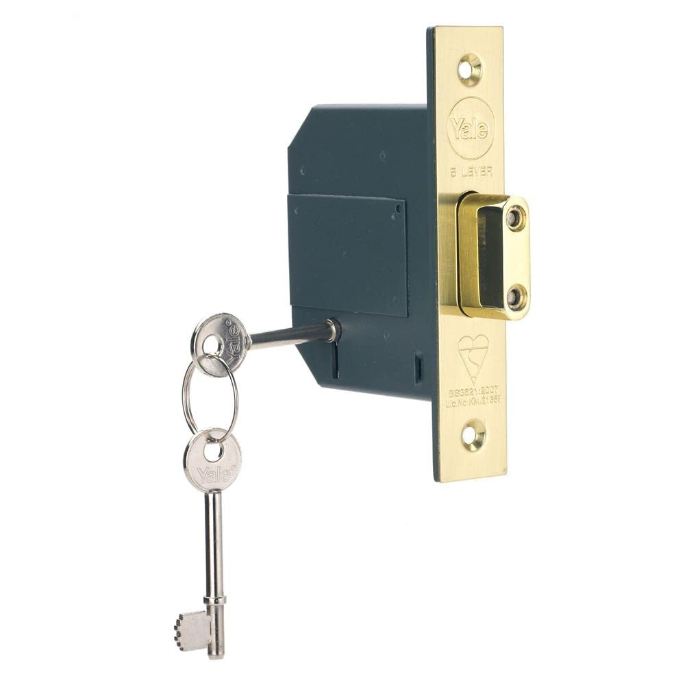 Yale B-BSDL-3.0-PB British Standard 5 Lever Mortice Deadlock, Brass Finish, Boxed, Suitable for External Doors, 3 Inch/76 mm