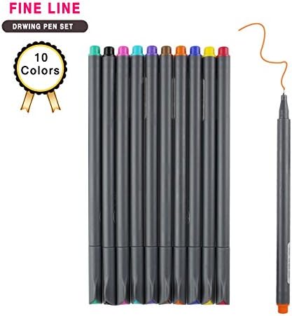 Fineliner Color Pen Set, 0.38 mm Fine Line Rainbow Color Pen Set Line Drawing Pen Fineliner Point Marker 10 Assorted for Note Taking, Coloring Book and Bullet Journal Art Projects