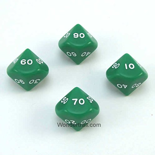 WKP03821E4 Green Opaque Dice with White Numbers DT10 16mm (5/8in) Pack of 4 Dice Koplow Games