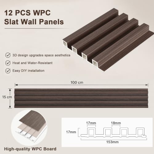 Wood Wall Slat Panel, 3D Fluted Wall Paneling for Interior 100 * 15 * 1.7cm | WPC Decorative Wall Stickers Noise Reduction, Wood Grain Textured Slats Wallpaper with Buckles for Ceiling Decor