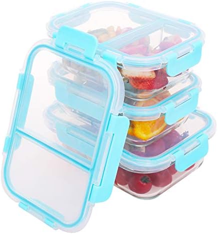 2 Compartment Glass Meal Prep Containers - Food Prep Containers with Lids (3 Containers +4 Lids)- Glass Food Storage Containers Airtight - Glass Lunch Containers Portion Control Containers - BPA Free