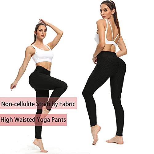 Yageshark Women\'s Yoga Pants Leggings High Waisted Anti Cellulite Tummy Control Textured Booty Scrunch Butt Lifting Black