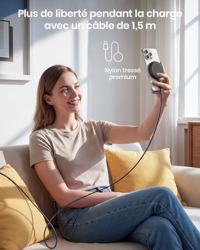 Qi2 25W Magnetic Wireless Charger, Charging Pad with 1.5M Cable Compatible Mag-Safe for iPhone 17e/Air/17/16/15/14/13/12, AirPods 4/3/2/Pro, Pixel Series 10 and More(With 30W Adapter)-Schwarz