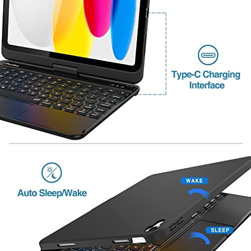 ProCase 360° Rotation iPad (A16) 11th 2025 / iPad 10th Generation 2022 Keyboard Case with Multi-Touch Trackpad for, 7 Color Backlit Touchpad Keyboard Case for 11th/10th Gen 11/10.9 inch –Black