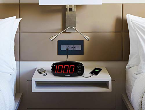 Bedrooms Alarm Clock with USB Charger - Dual Front USB Ports 6.5”Easy to Read Large LED Display with Dimmer Outlets Powered Bedside Clock for Home Hotel