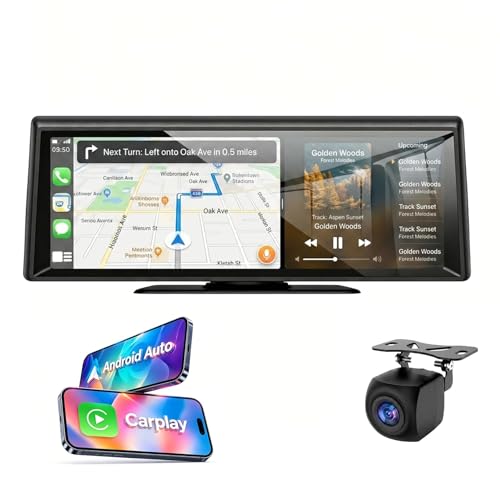 8.1" Portable Wireless CarPlay Stereo with 2K Dash Cam & 1080P Backup Cam | Wireless CarPlay/Android Auto, Voice Control, Split Screen, Plug & Play, 2K Dash Cam + 1080P Rear Cam