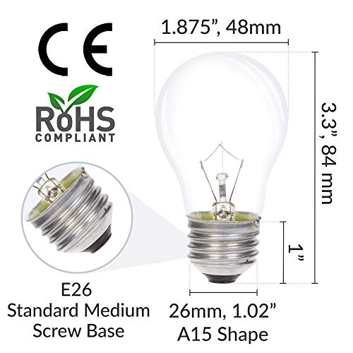 Simba Lighting Appliance Light Bulb A15 25W (6 Pack) Incandescent Mini-Standard Shape with E26 Standard Medium Screw Base for Refrigerators, Ovens, 110V 120V 130V, Dimmable, 2700K Warm White