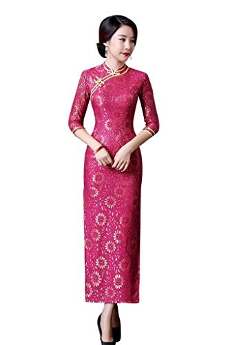 ACVIP Women Flower Lace Half Sleeve Two Side Slits Chinese Dress Qipao Cheongsam Rose Red