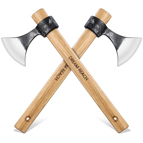 Dream Reach Set of 2 Portable Universal Axes, Wooden Handle and Carbon Steel Head, for Garden, Camping and Outdoor