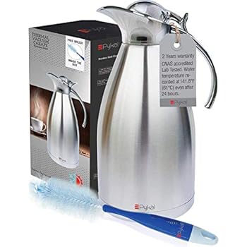 Thermal Coffee Carafe by PYKAL 68Oz/2 liter, HEAVY-DUTY, LAB TESTED 24HR>140F, 2YR Warranty, FREE Long Handle Brush, Vacuum Insulated, Coffee Pot, Satin Finish” src=”https://images-na.ssl-images-amazon.com/images/I/414CqGVqodL._SL500_AC_SS350_.jpg” style=”opacity: 1;height:130px”></a></figure>
<div class=