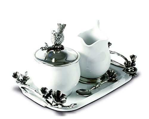 Vagabond House Stoneware Creamer Set - Pewter Song Bird 12.25" Long Tray with Creamer, Sugar Bowl and Spoon