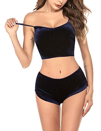 Ekouaer 2 Piece Velvet Outfits for Women Spaghetti Strap Crop Top and Yoga Shorts Jogging Set Lounge Navy Blue S