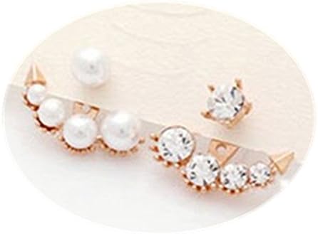 Sophie Land Ensymmetrical Design of Pearl Crystal Rhinestone Front and Back Ear Cuff Ear Clips Stud Earring Set (rose gold)