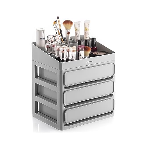 InnovaGoods - Make-up Organizer mit 3 Schubladen und 9 Fächern, Große Kapazität, Multifunktional für Kosmetik, Schmuck, Büromaterial, Einfache Reinigung, Grau, Polypropylen