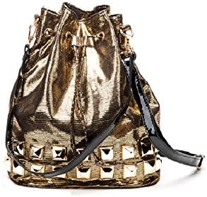 Becool Soft Metallic Drawstring Bucket Handbag With Studs