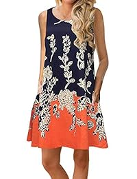 Sherosa Vestido de verano para mujer, estampado floral, sin mangas, manga corta, bolsillos casuales, suelto, playera