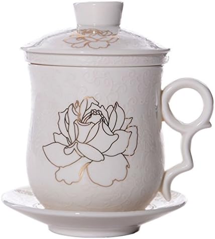 BandTie Convenient Travel Office Loose Leaf Tea Brewing System-Chinese Jingdezhen Blue and White Porcelain Tea Cup Infuser 4-Piece Set with Tea Cup Lid and Saucer (Rose Flower)