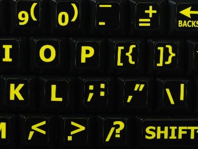 ENGLISH US YELLOW LARGE LETTERING KEYBOARD STICKER (UPPER CASE) ON BLACK BACKGROUND FOR DESKTOP, LAPTOP AND NOTEBOOK