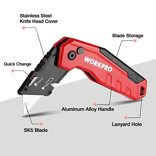 WORKPRO Folding Utility Knife, Quick Change Box Cutter, Razor Knife for Cartons, Cardboard, Boxes, Blade Storage in Handle, 13 Extra Blades Included (Red)