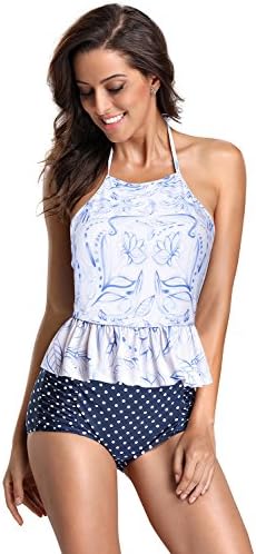 Dailybella Women Printed High Neck Halter Peplum Tankini Tops High Waisted Bikini Swimsuit