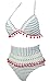 COCOSHIP Slategray & White Striped Mesh High Waist Bikini Set Red Tassel Trim Top Halter Straps Swimsuit Bathing Suit 12(FBA)