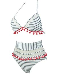 Bikini de cintura alta para dama, con borlas, correas halter y diseño a rayas (FBA)