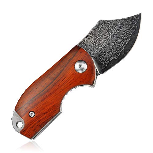 KUBEY Folding Knife, Small Pocket Knife with Wooden Handle, EDC Compact Knife with Razor Sharp Blade and Safety Liner Lock for Hunting Camping Hiking Tool (DM143-1)
