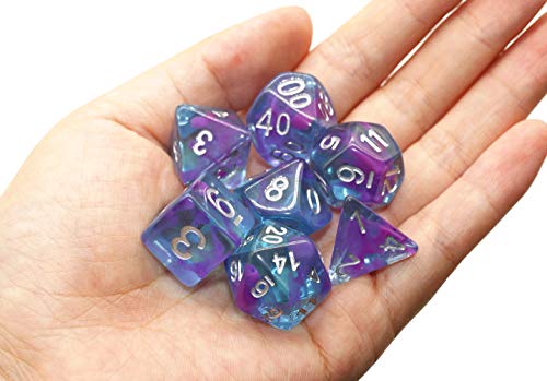 HD Dice DND Dice Set RPG Dice Fit Dungeons and Dragons D&D Pathfinder MTG Role Playing Games Polyhedral Dice Blue Transparent Dice with Purple Swirls