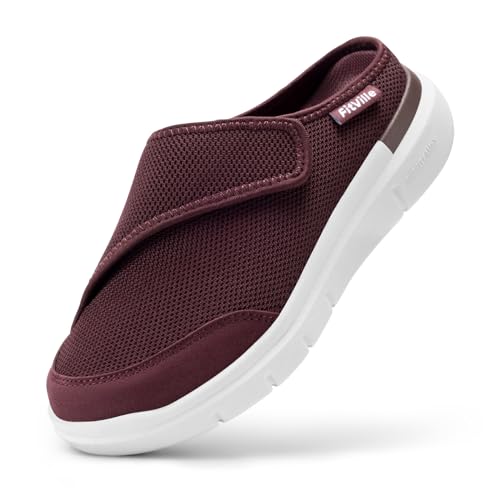 FitVille Women's Slippers Slip on Mules Clogs, Adjustable Closure Walking Shoes for Women Extra Wide Width for Swollen Feet Plantar Fasciitis Indoors Outdoors