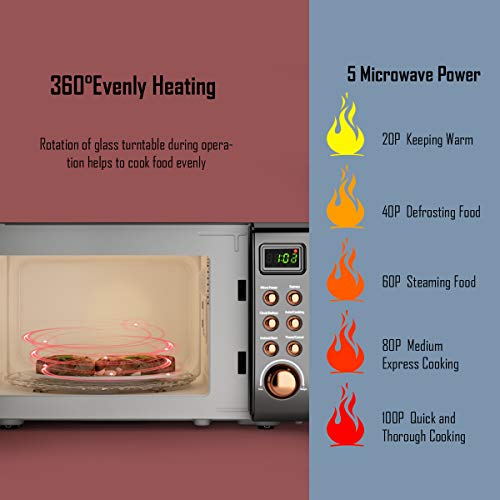 COSTWAY Retro Countertop Microwave Oven, 0.7Cu.ft, 700-Watt, Cold Rolled Steel Plate, 5 Micro Power, Delayed Start Function, with Glass Turntable & Viewing Window, LED Display, Child Lock (Gold) - Thumbnail 3