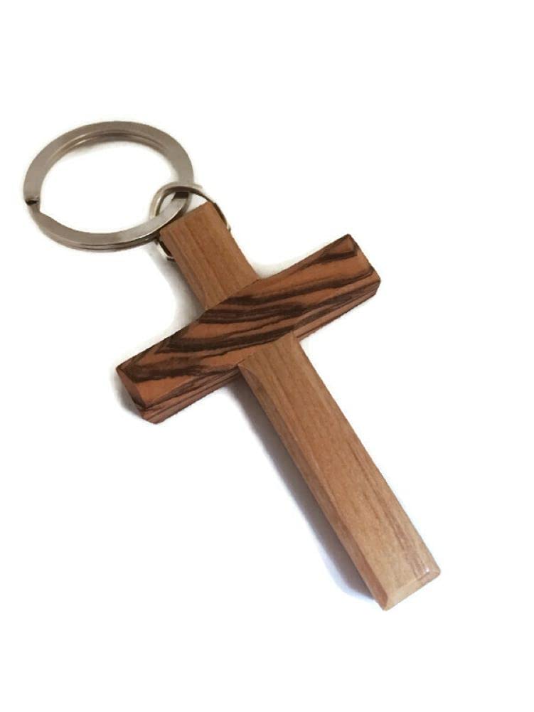 "Handcrafted Olive Wood Large Cross Keyring - Authentic Holy Land Design (HJW)"
