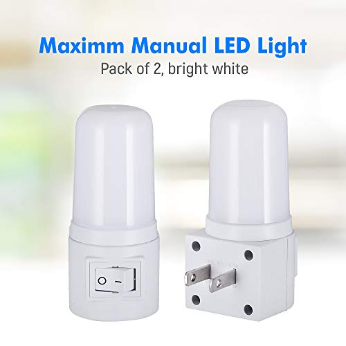 Maximm LED Manual On/Off Plugin Night Light, Bright White, [2 Pack