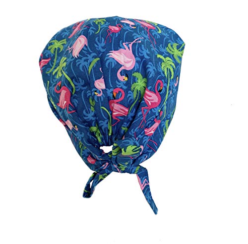 Grace N May Women's Front Fold Tie Back Scrub Cap Surgical Cap Navy Flowers (Woman Flamingo)