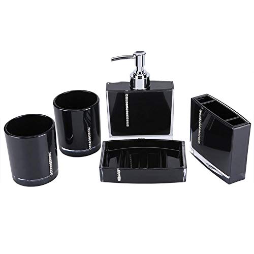 GOTOTO Set of 5 Bathroom Accessories, Soap Dispenser, Soap Dispenser, Bathroom Tumbler, Toothbrush Holder, Emulsion Bottle, Black