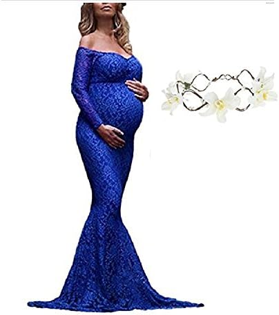 Women's Off Shoulder Lace Long Sleeve,Maxi Photography Gown,Maternity Gown,Pregnant Women's Fishtail Skirt (M, Blue)