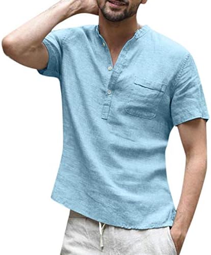 LEEDFORD Mens Cotton Linen Hippie Button Up Henley Shirts, Casual Short Sleeve Retro Solid Loose Fit T Shirts Blouse