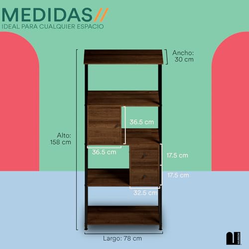 MUBSON Estante Organizador de 4 Repisas con Cajones Organizadores para Sala, Recamara o Estudio. Librero Minimalista Greto con Altura de 158 cm. Estanteria. Bookshelf Decor. Shelf Organizer