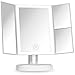 Fancii Trifold Vanity Mirror with LED Lights, Lighted Makeup Mirror with 5X 10x Magnifications - 34 Dimmable Natural Lights, Touch Screen Adjustable Countertop Table Mirror with Cosmetic Stand - Tria