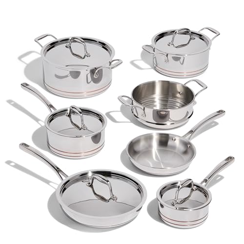 Lagostina Maestro 12-Piece 5-Ply Clad Copper Core Stainless Steel Cookware Set, Premium Pots and Pans, Induction Compatible, Oven Safe, Silver