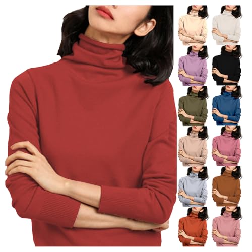 Jumpers for Women UK Fashion Slim Fit Turtleneck Sweater for Women Solid Color Long Sleeves Fleece Tops Winter Warm Fleece Lined Ladies Cashmere Jumpers Soft Comfortable Pullover Sweaters Brick Red