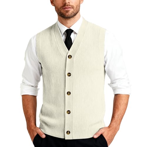 Mens Vests Wool Jumpers Sleeveless & Knitted Gilets, Ribbed Knit V-Neck Sweater Vest Cardigans, Button Down Waistcoat Jumper for Gentlemen Office Wear, Layering Piece Outfits Business Knitwear Beige