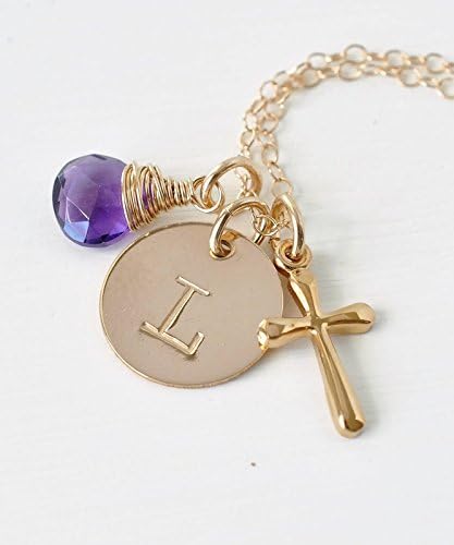 Tiny Gold Cross Necklace with Birthstone and Initial, Adult Baptism Gifts for Women and Teen Girls, BRG Jewelry